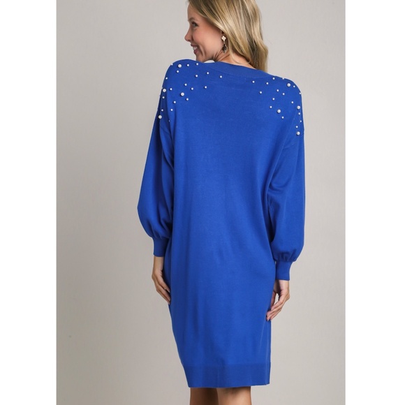 Umgee Royal Blue Long Sleeve Dress with Pearl Accents - Picture 3 of 3